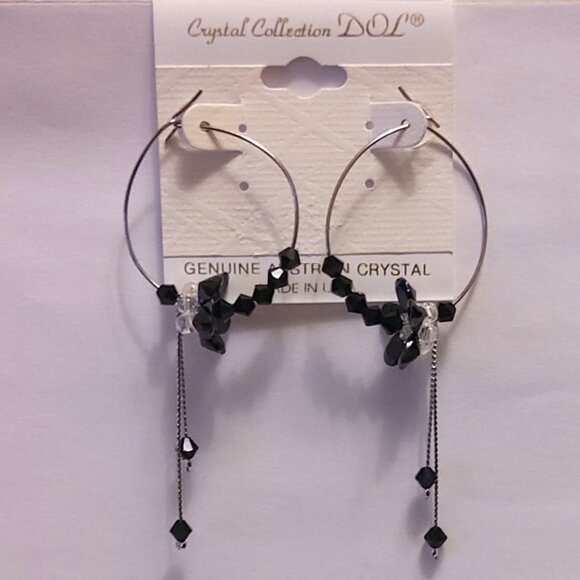 NEW Genuine Black Austrian Crystal Floral Hoop Earrings 30mm Women Jewelry - Picture 3 of 7